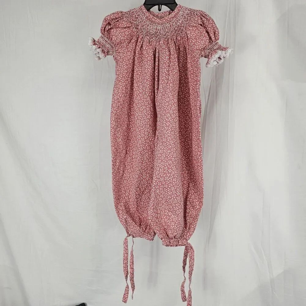 Vintage Floral Smocked Bubble Jumpsuit Lace Pink White Fits Size 3/4 Toddler...